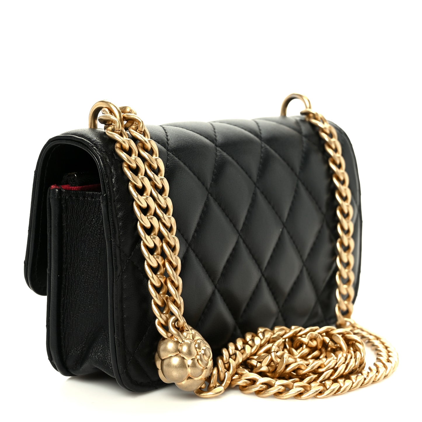 Lambskin Quilted Sweet Camellia Flap Phone Holder With Chain Black