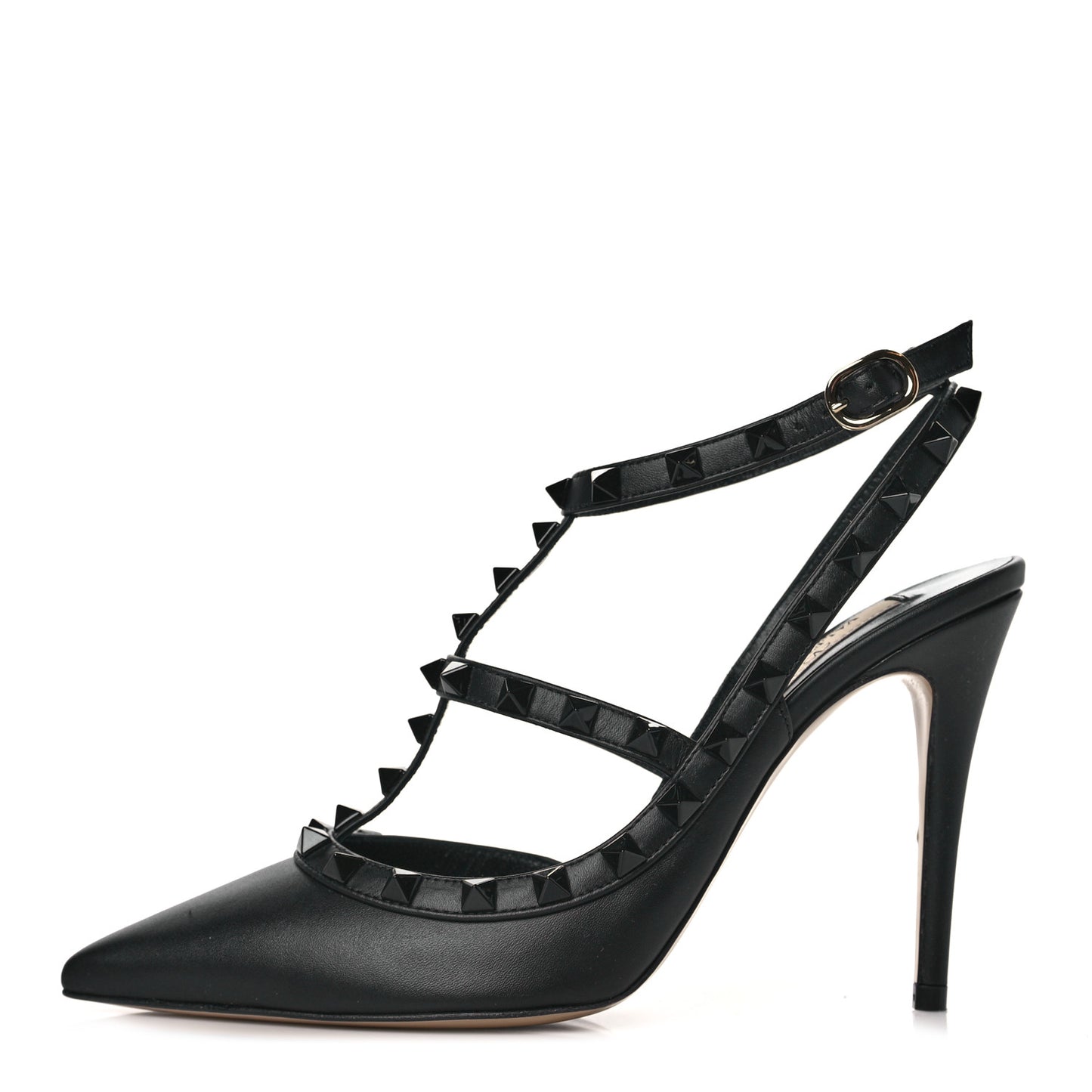 Calfskin Lacquered Monochrome Rockstud Ankle Strap 100mm Pumps 37.5 Black