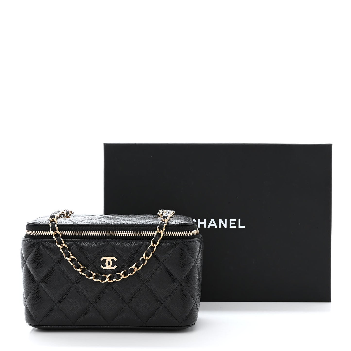 Caviar Quilted Small Vanity Case With Chain Black