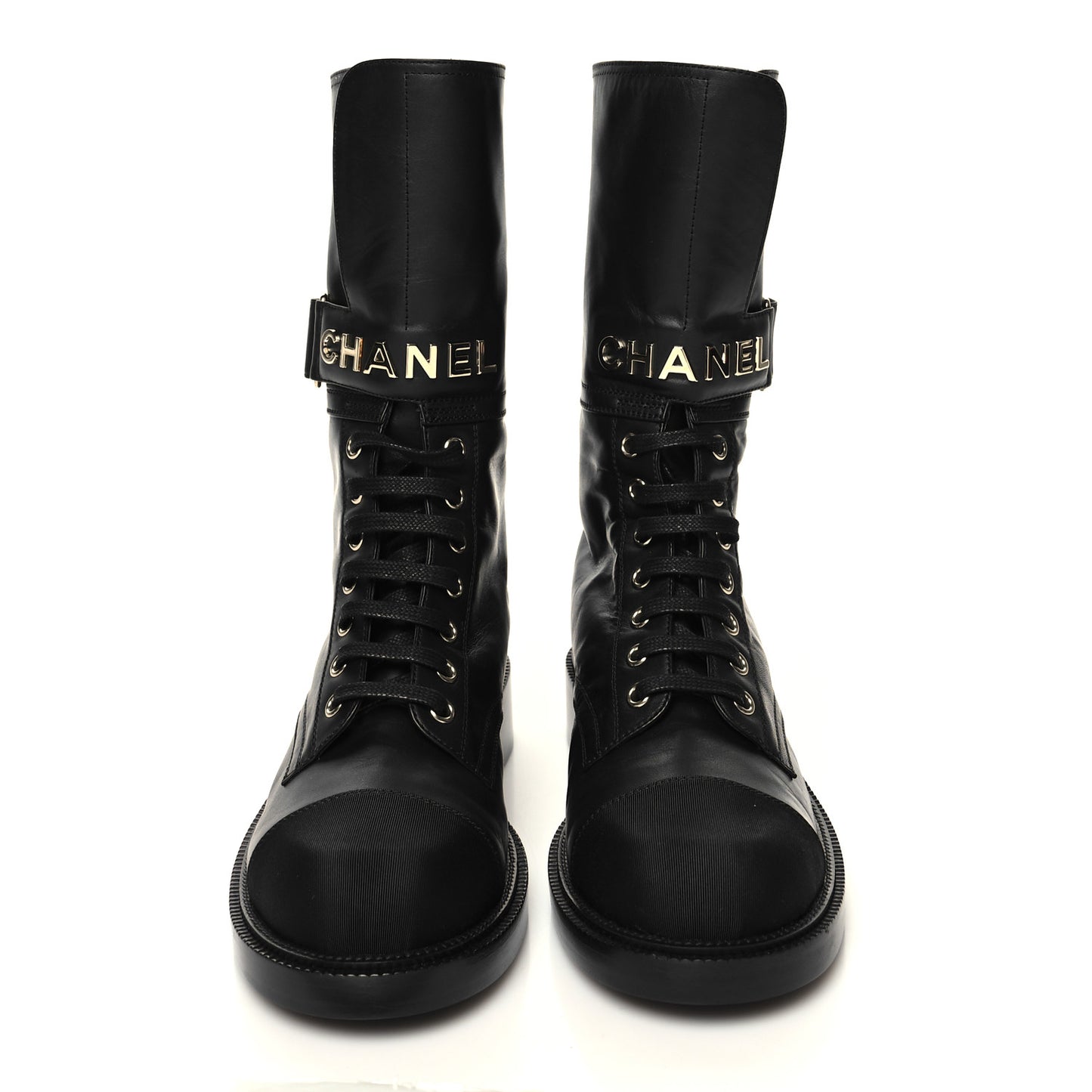 Shiny Calfskin Lace Up Combat Boots 37.5 Black