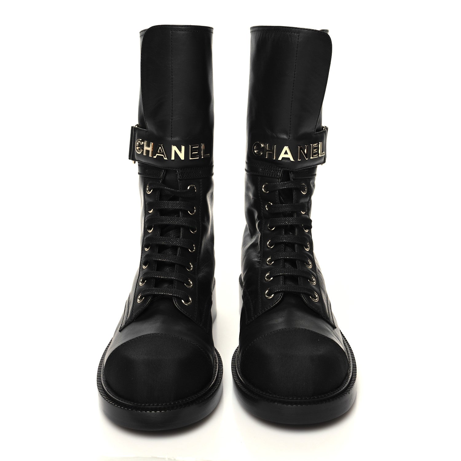 Chanel Shiny Calfskin Lace Up Combat Boots 37.5 Black 2 of 8