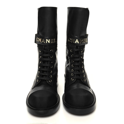 Chanel Shiny Calfskin Lace Up Combat Boots 37.5 Black 2 of 8