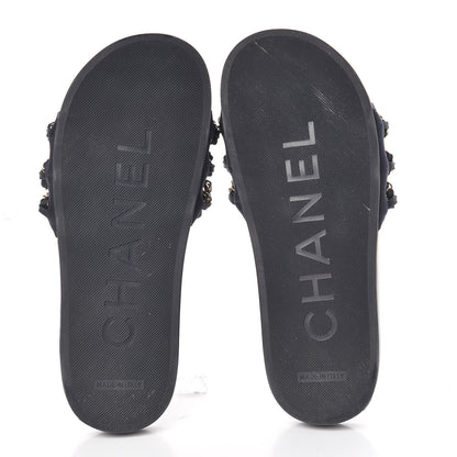 Chanel Satin Canvas Chain Slides Sandals Flats 37 Marine 7 of 14