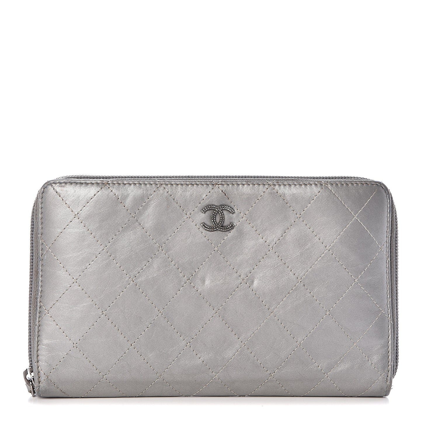 Metallic Aged Calfskin Quilted Palette Large Zip Around Organizer Wallet Silver