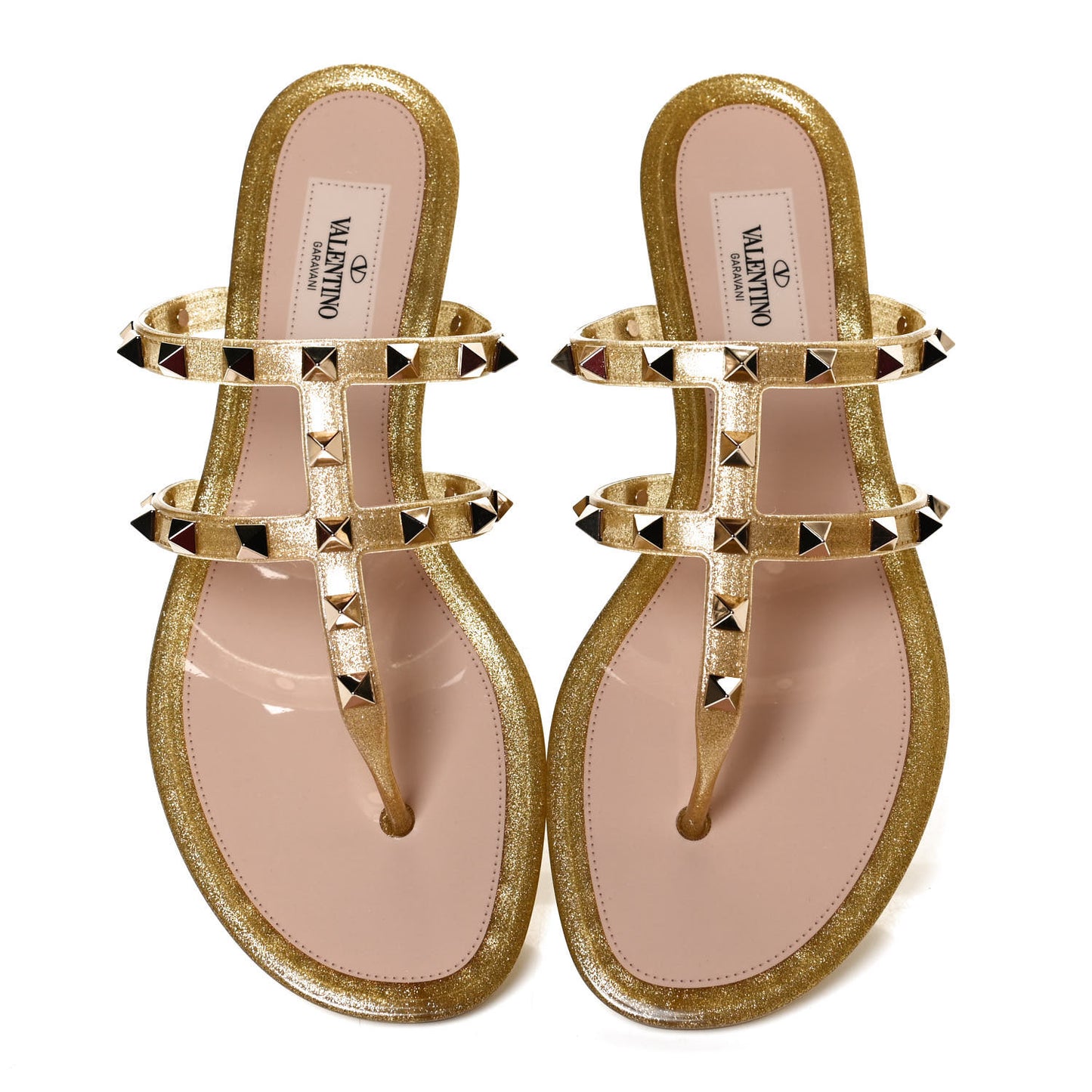 PVC Jelly Glitter Rockstud Caged Flat Thong Sandals 37 Oro