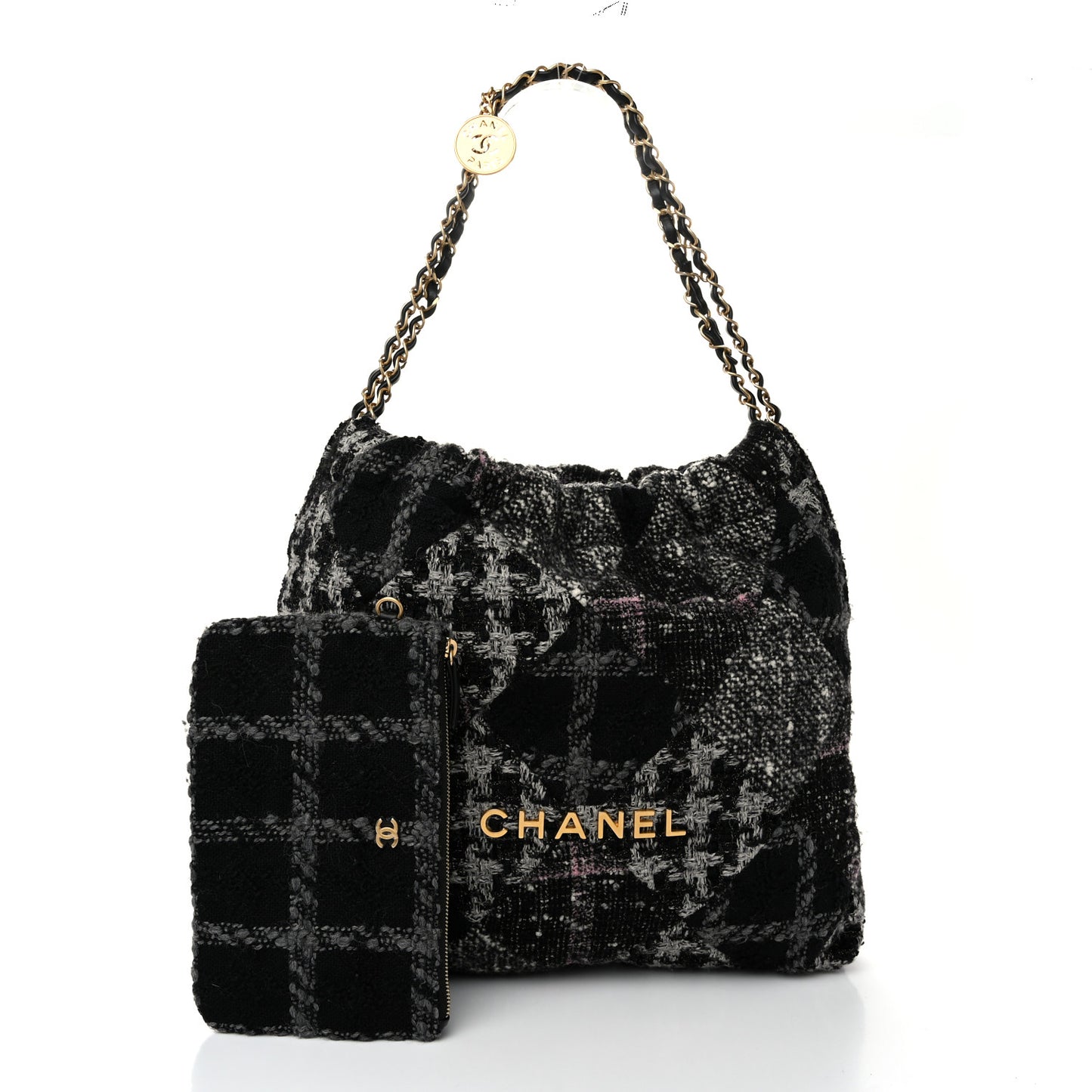 Tweed Patchwork Quilted Chanel 22 Black Grey Pink