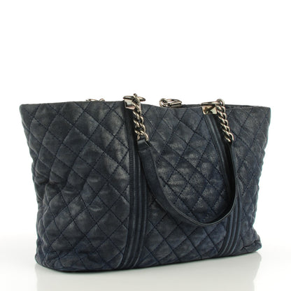 Chanel Iridescent Calfskin Quilted Large Gentle Boy Shopping Tote Navy 3 of 7