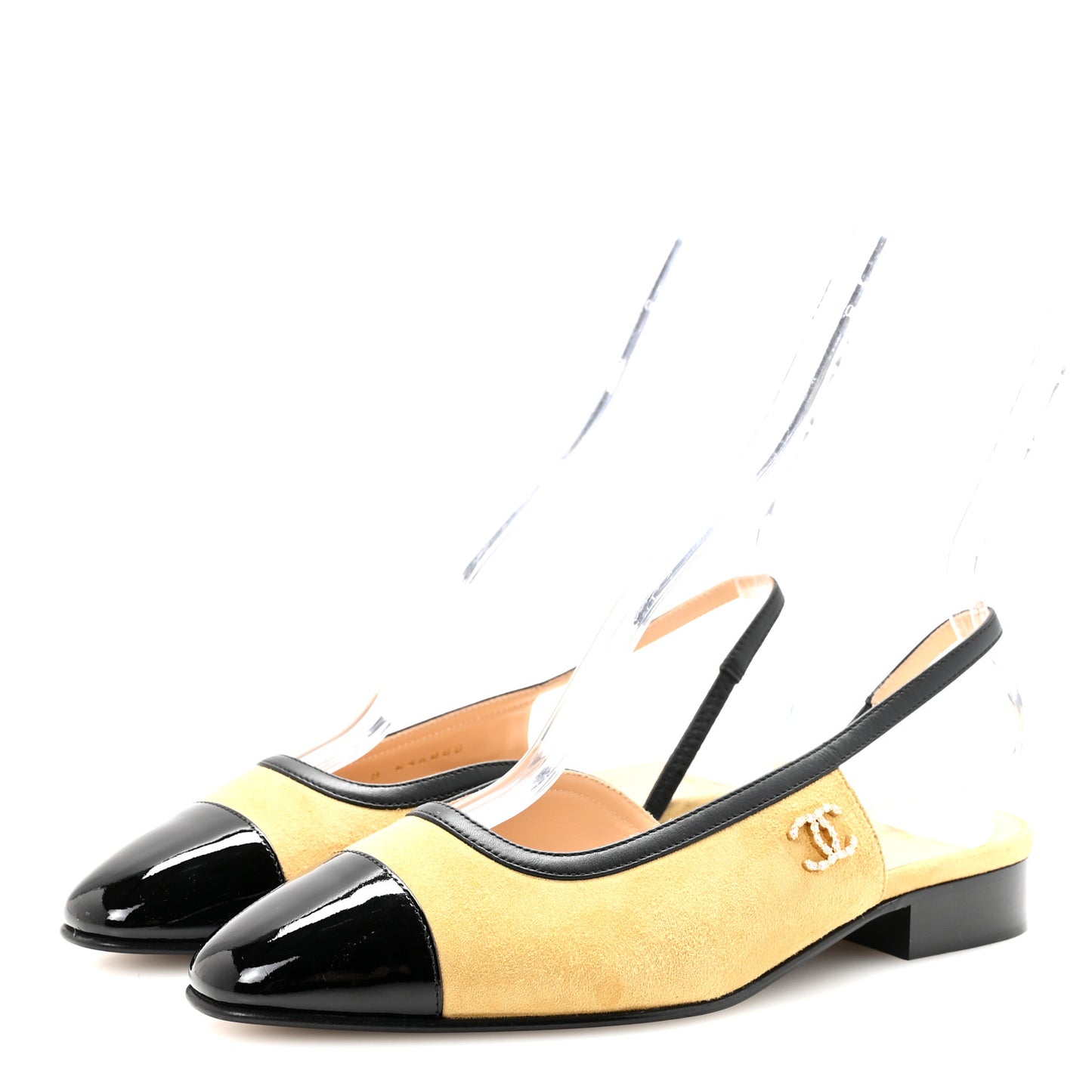 Suede Kidskin Lambskin Patent Calfskin Crystal CC Cap Toe Slingback Flats 37.5 Beige Black