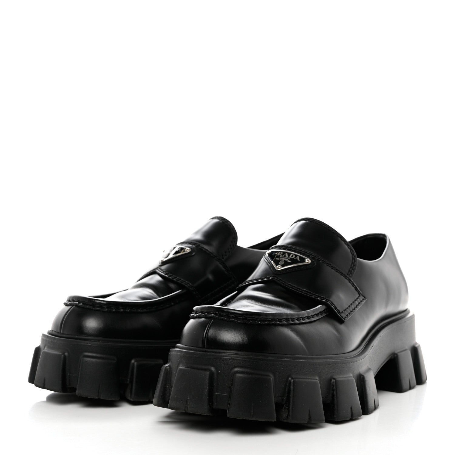 Prada Spazzolato Rois Metal Triangle Logo Mens Monolith 60mm Loafers 7.5 Black 3 of 9