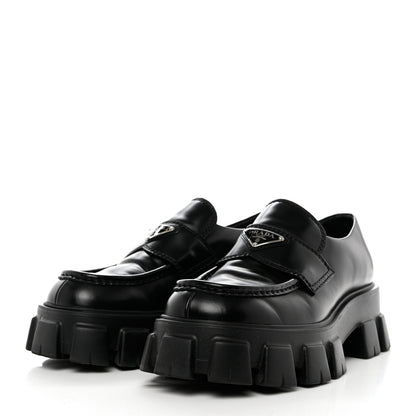 Prada Spazzolato Rois Metal Triangle Logo Mens Monolith 60mm Loafers 7.5 Black 3 of 9