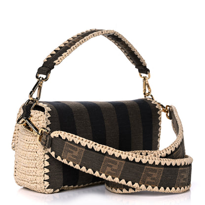 Fendi Fabric Jacquard Raffia Straw Pequin Gingham Woven Baguette Beige Black Natural 2 of 11
