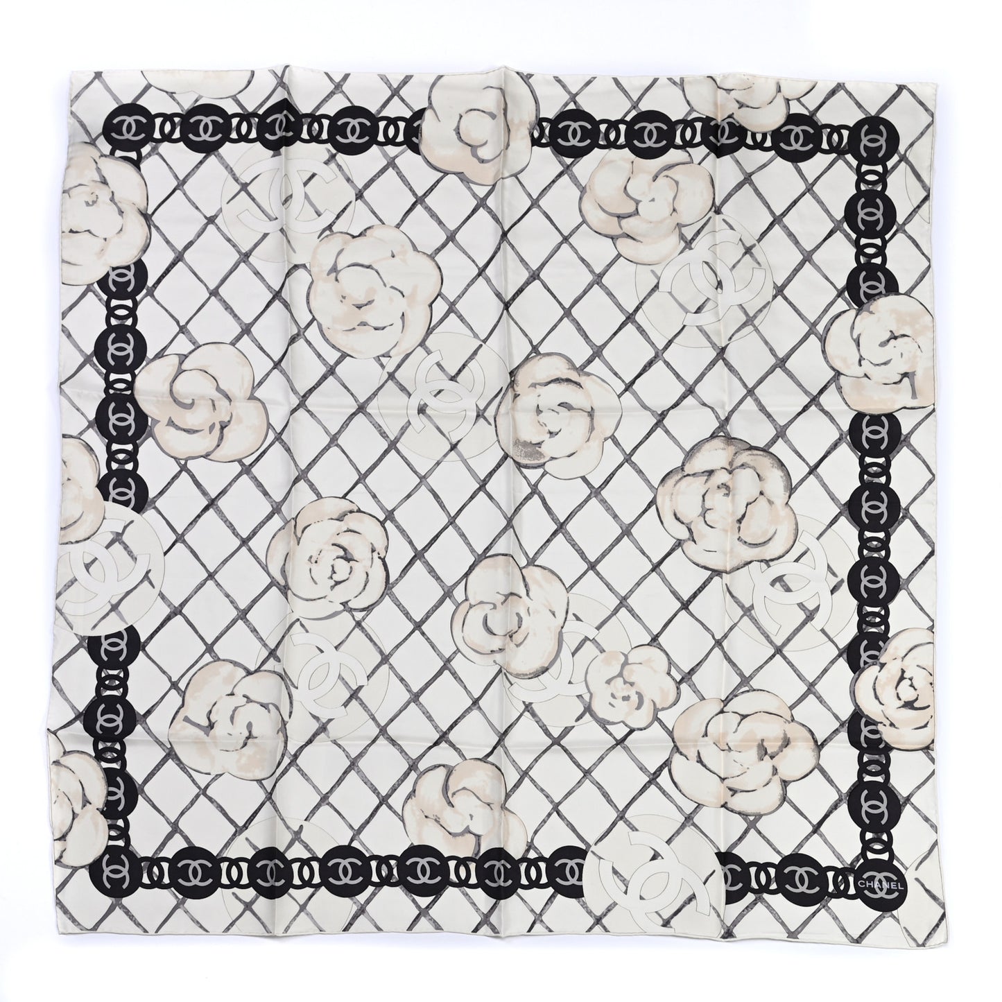 Silk CC Logo Camellia Scarf White Black