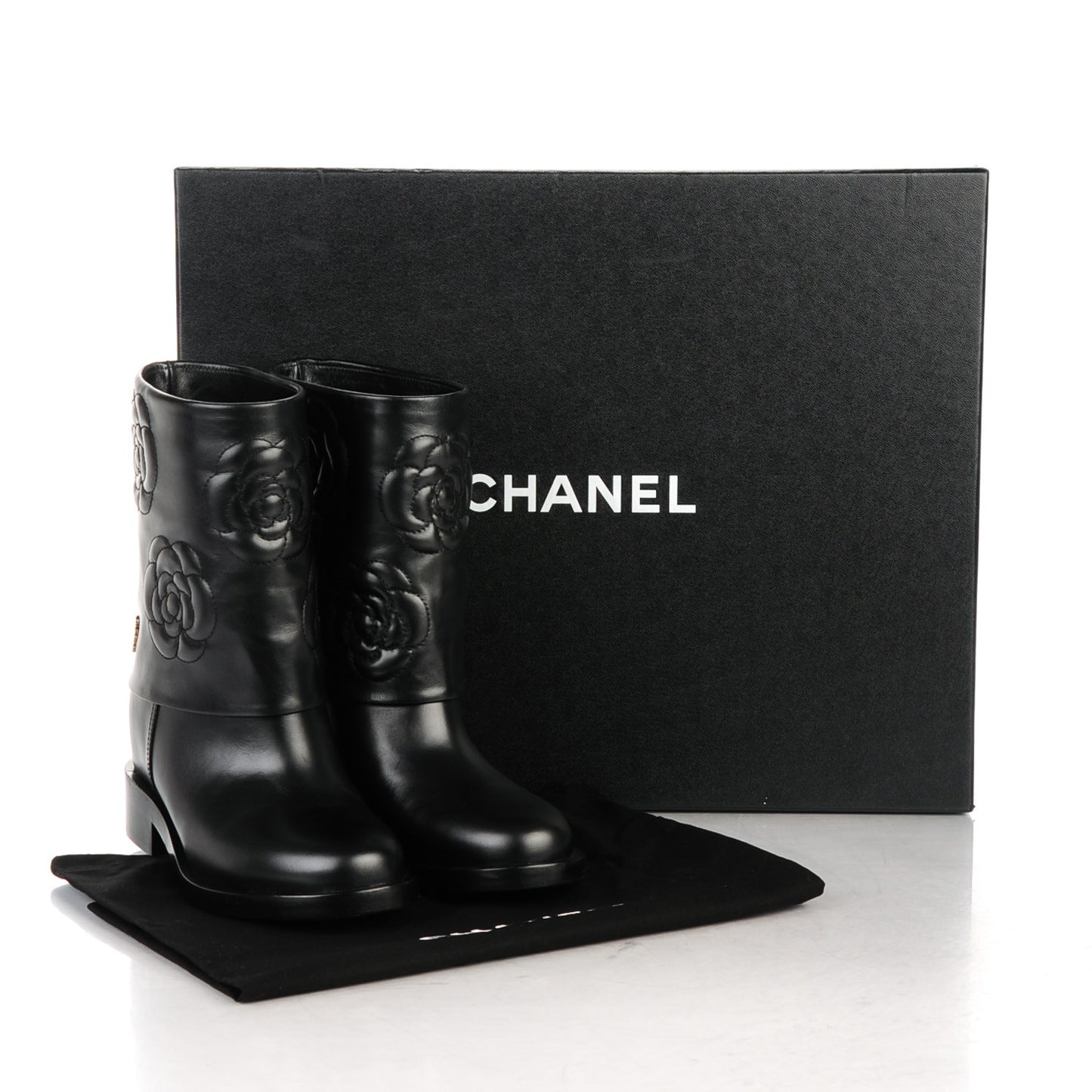Calfskin Camellia Short Boots 36 Black