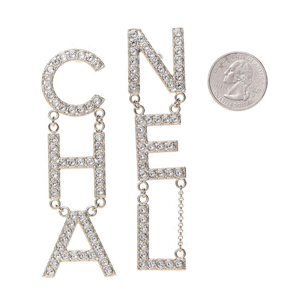 Chanel Crystal Cha-Nel Logo Drop Earrings Gold 2 of 5