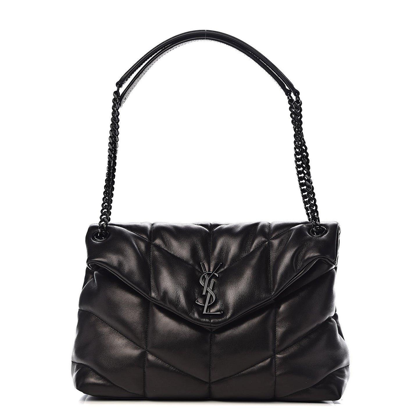 Lambskin Quilted Medium Loulou Puffer Monogram Chain Satchel Black