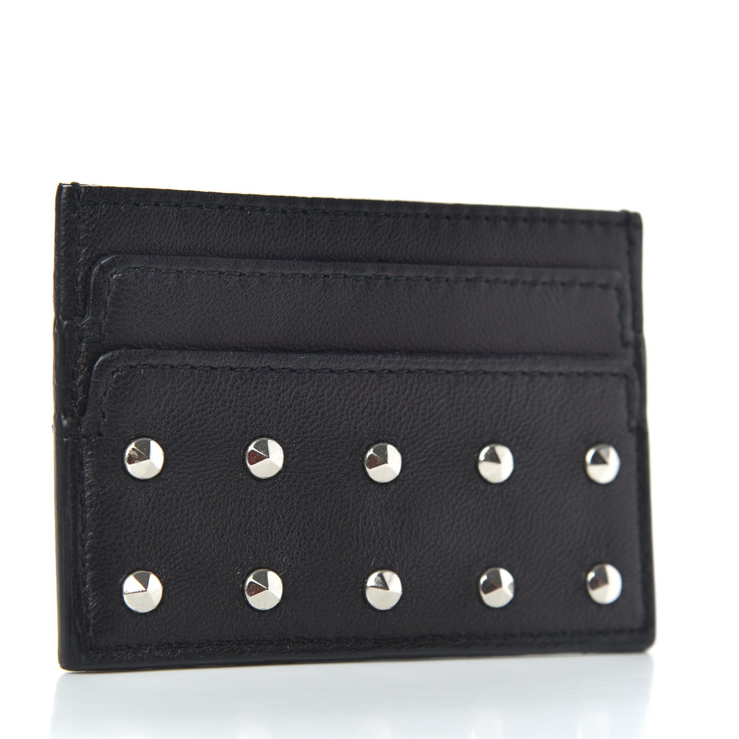 Calfskin Studded Skull Card Holder Black