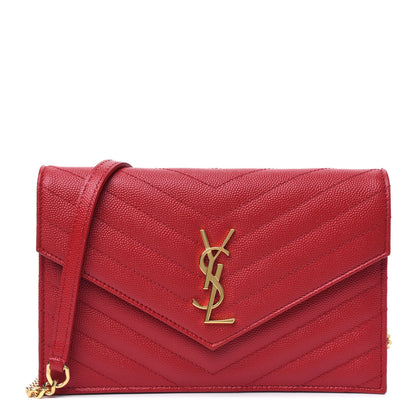Saint Laurent Grain De Poudre Matelasse Chevron Monogram Envelope Chain Wallet Red 1 of 5