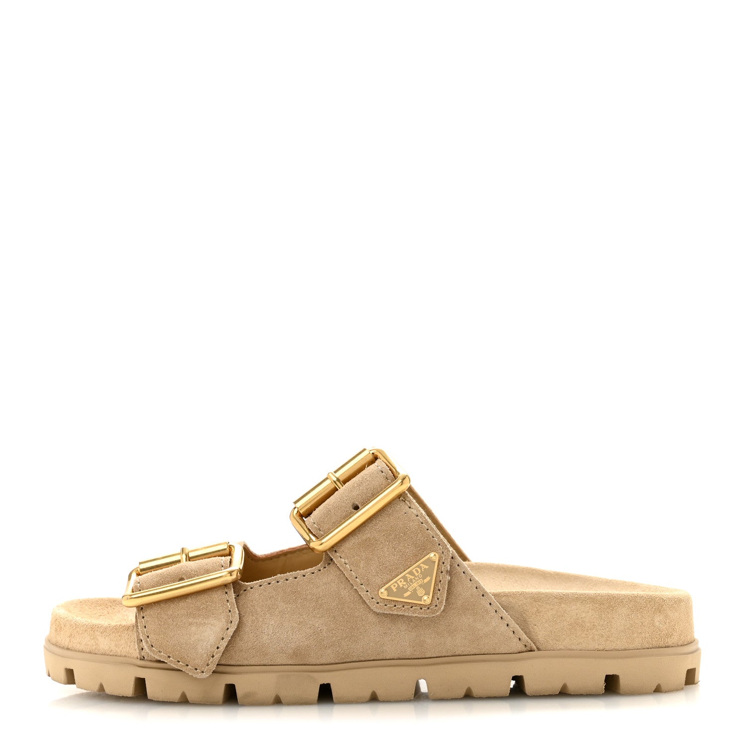 Prada Suede Metal Triangle Logo Womens Double Buckle 20mm Slide Sandals 36.5 Ecru 1 of 10