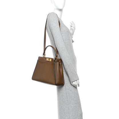 Fendi Vitello Seta Fabric Jacquard Pequin Medium Peekaboo Iconic Satchel Foresta Tobacco 2 of 11