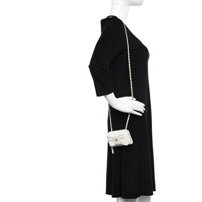 Chanel Tweed Quilted Bow Flap Card Holder On Chain White 2 of 13
