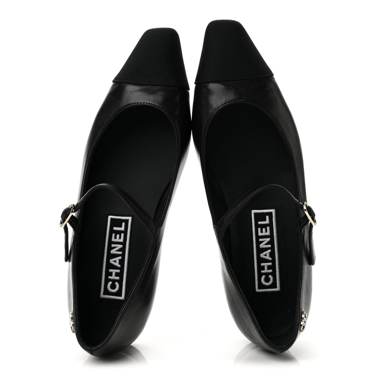 Lambskin Grosgrain Cap Toe CC Mary Jane Flats 37 Black