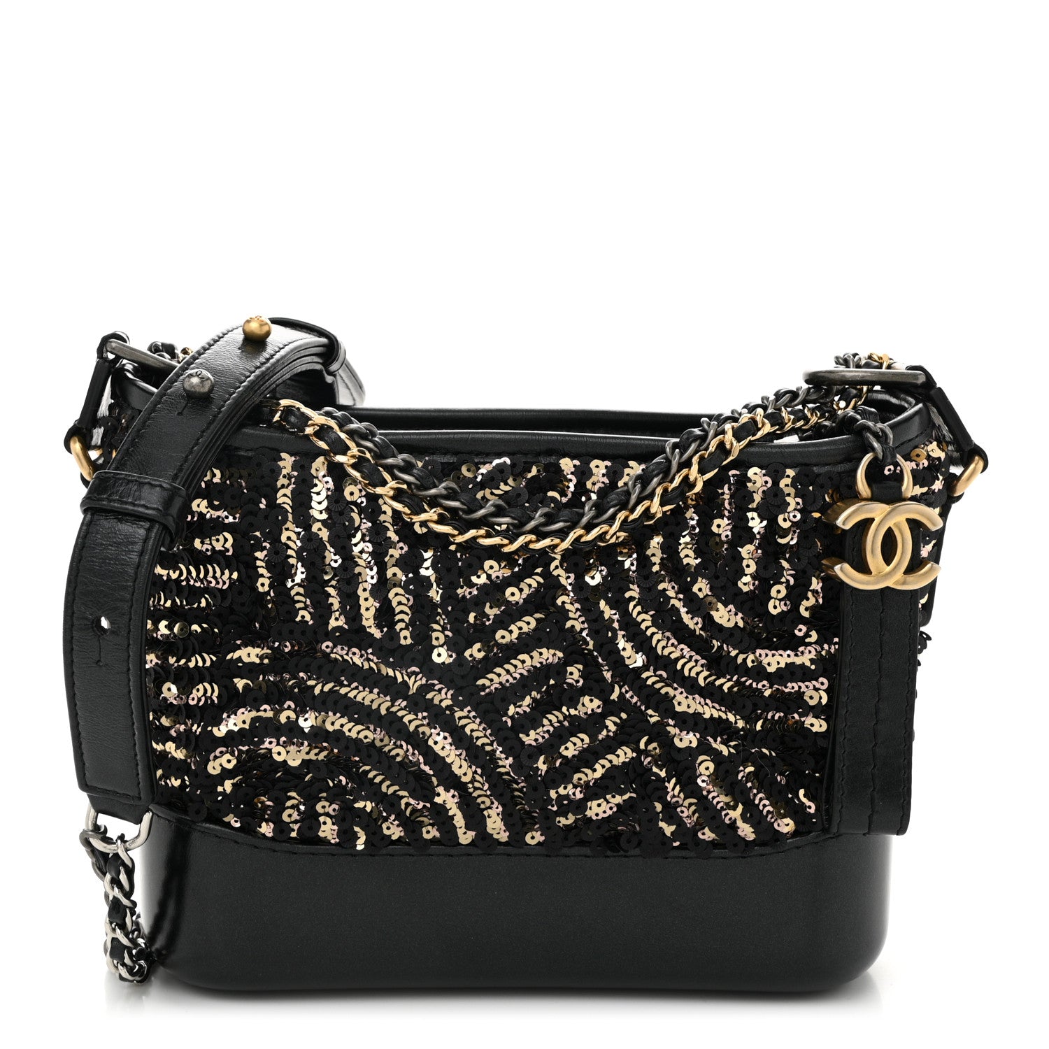 Chanel Sequin Calfskin Small Gabrielle Hobo Black Gold 1 of 10