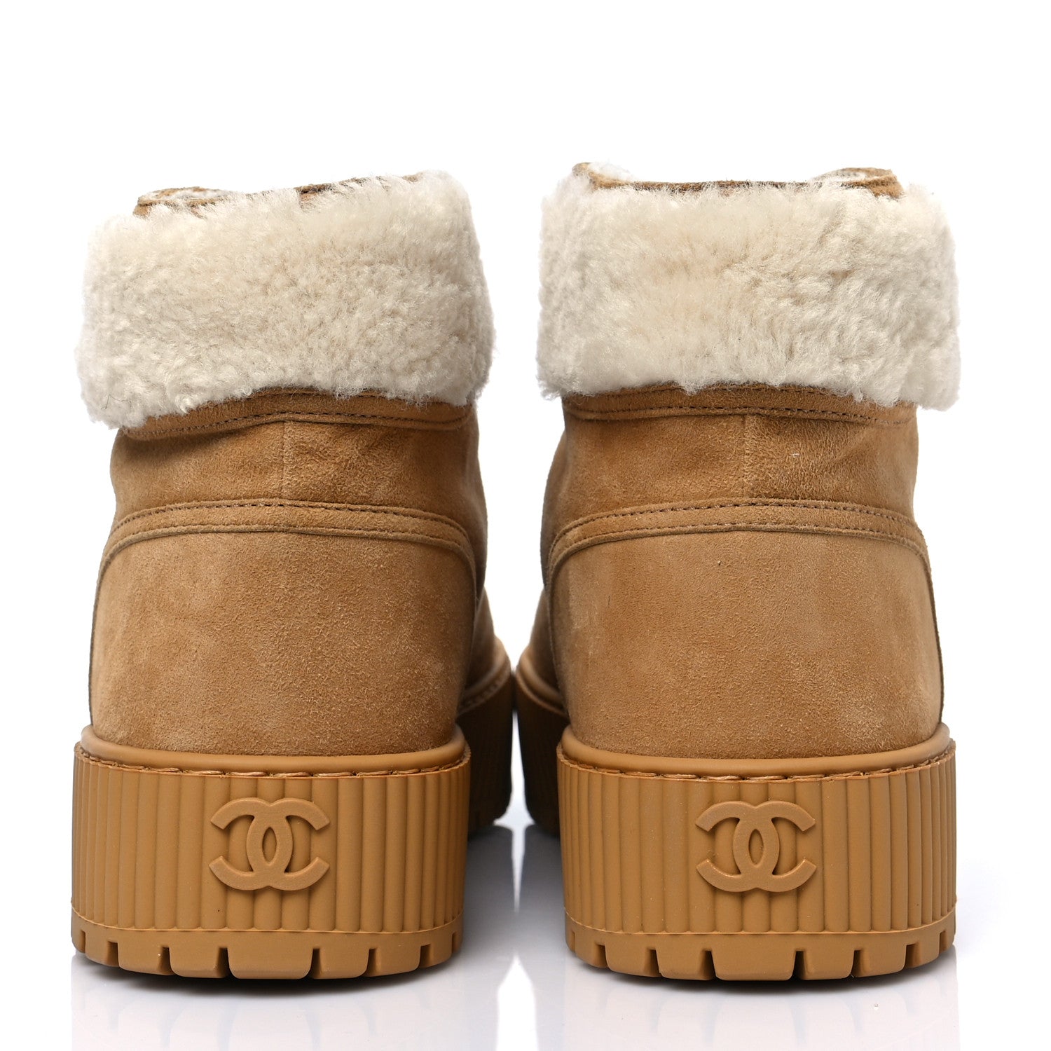 Chanel Kid Suede Shearling Sheepskin Lace Up Boots 41 Beige Ivory 5 of 8