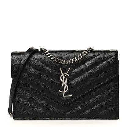 Saint Laurent Grain De Poudre Matelasse Chevron Monogram Envelope Chain Wallet Black 1 of 5