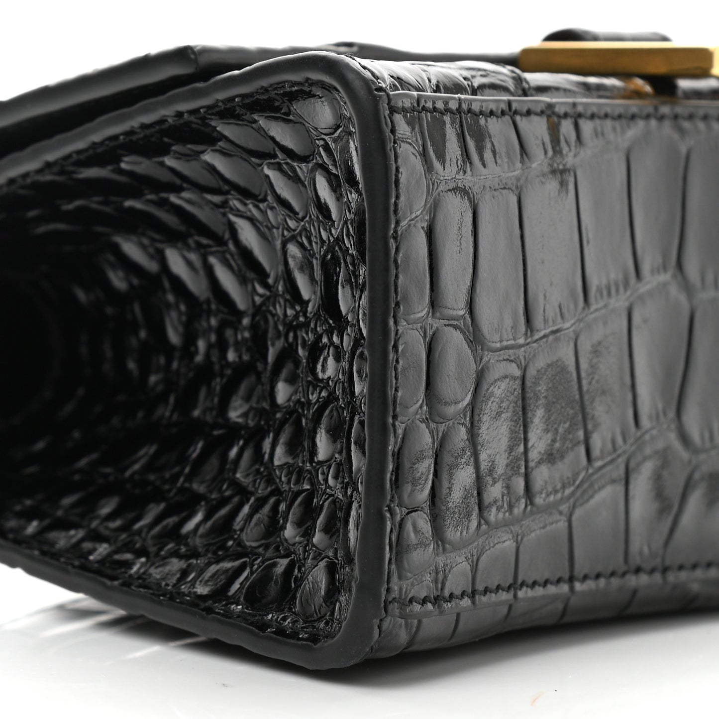 Shiny Calfskin Crocodile Embossed Hourglass Top Handle Bag XS Black