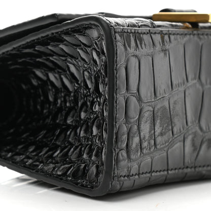 Balenciaga Shiny Calfskin Crocodile Embossed Hourglass Top Handle Bag XS Black 8 of 10