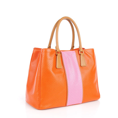 Prada Saffiano Perforated Medium Striped Tote Papaya Caramel 3 of 12