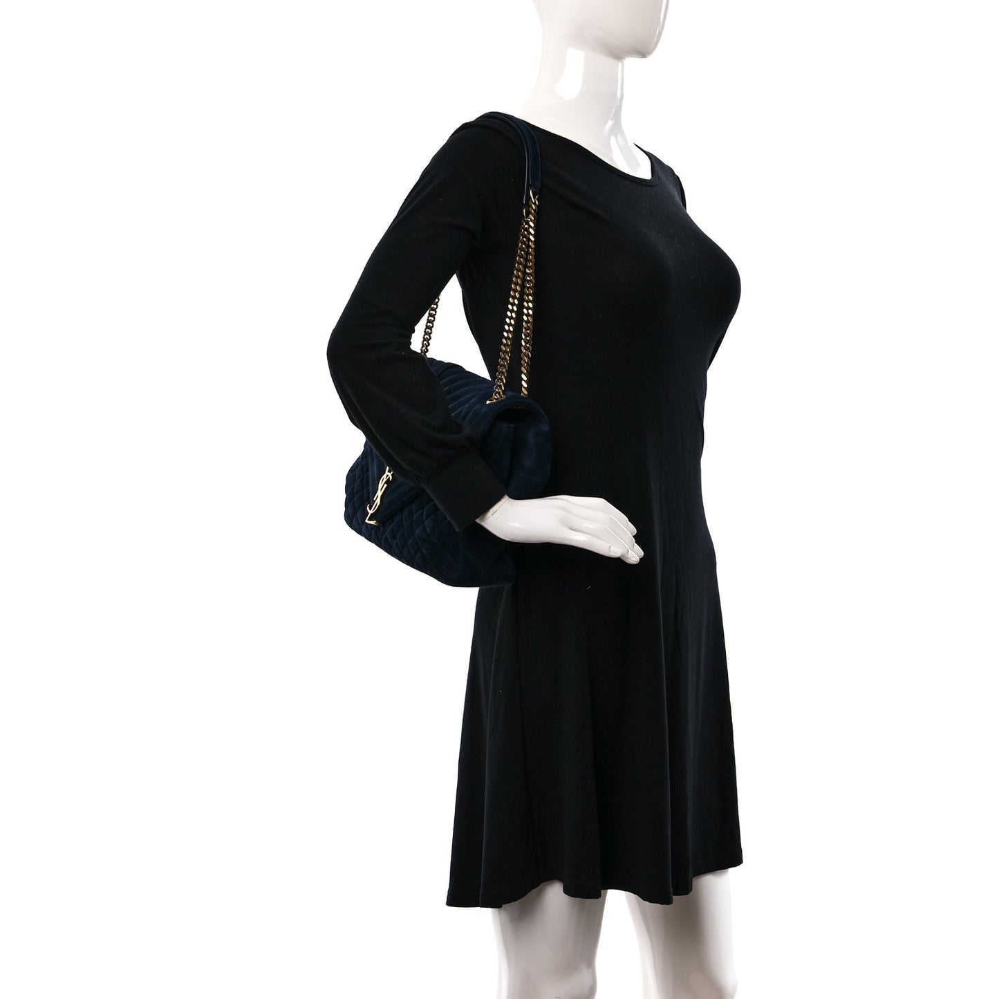 Suede Mixed Matelasse Tri-Quilt Large Monogram Envelope Satchel Navy Blue