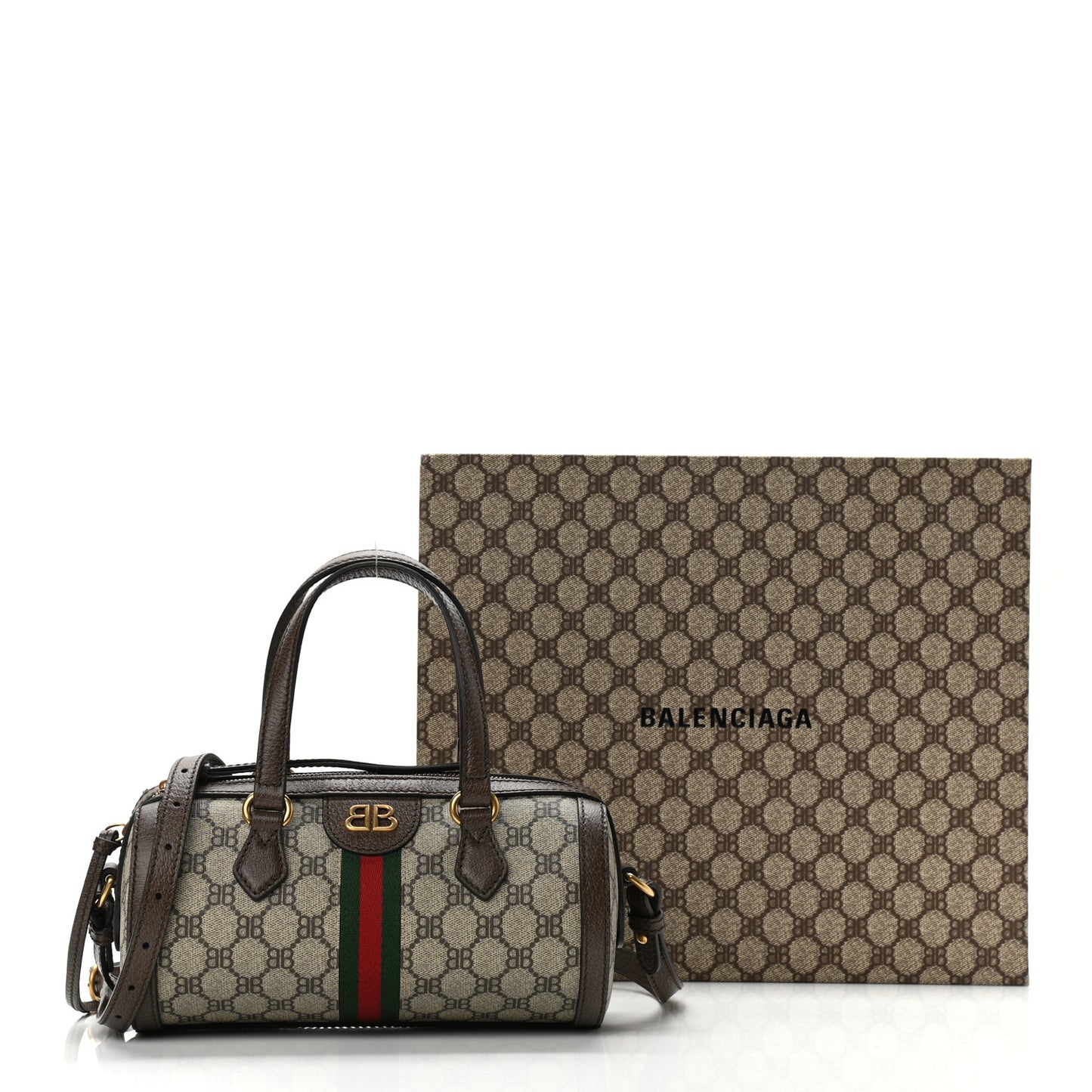 X BALENCIAGA BB Supreme Monogram Web Small Ophidia Boston Bag Beige New Acero