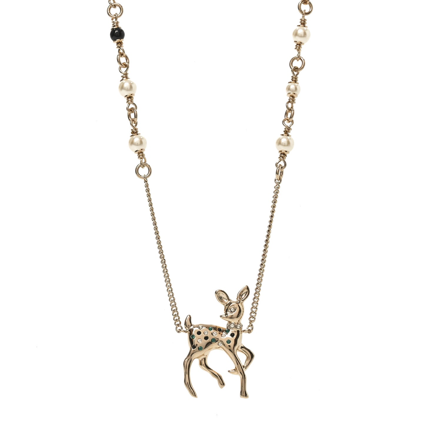 Metal Crystal Pearl Deer Pendant Necklace Green Black Gold