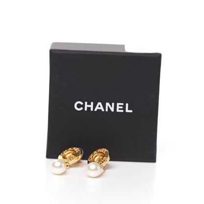 Chanel Metal Pearl Paris Button Drop Earrings Gold 5 of 5