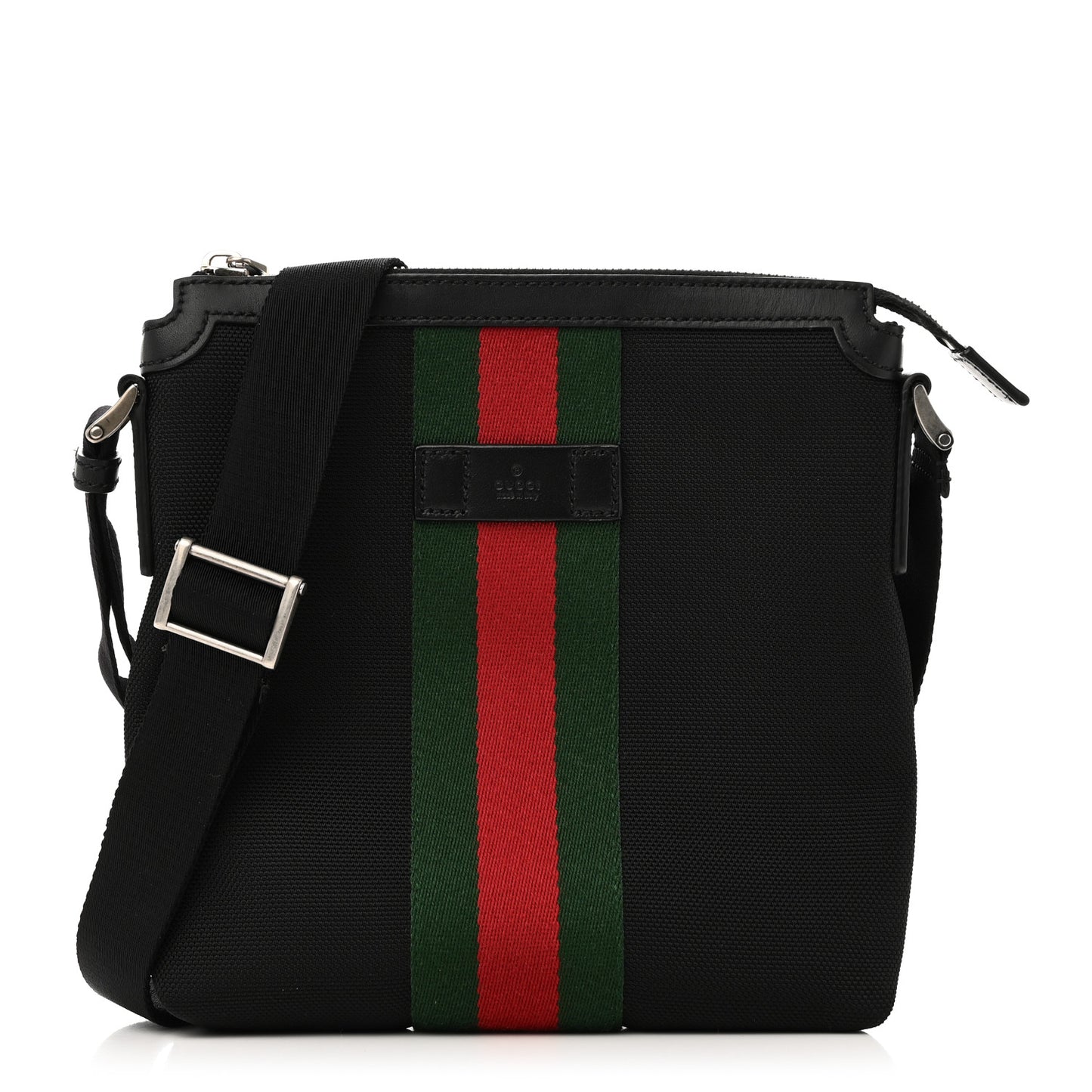 Techno Canvas Selleria Calfskin Web Small Flat Messenger Bag Black