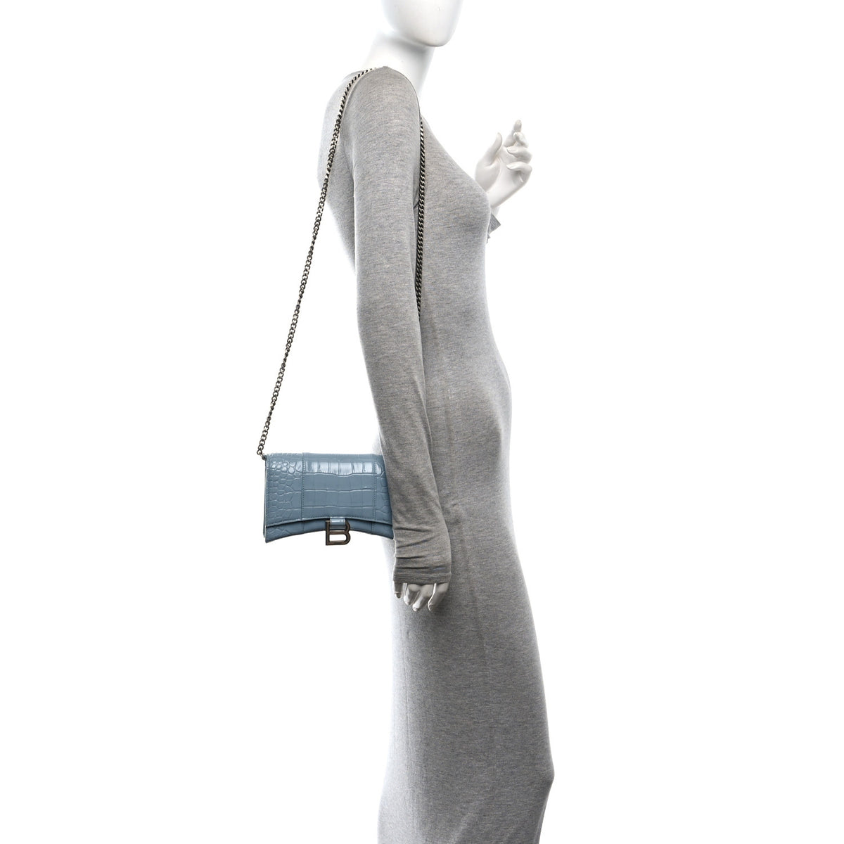 Balenciaga Shiny Calfskin Crocodile Embossed Hourglass Chain Bag Blue Grey 2 of 9