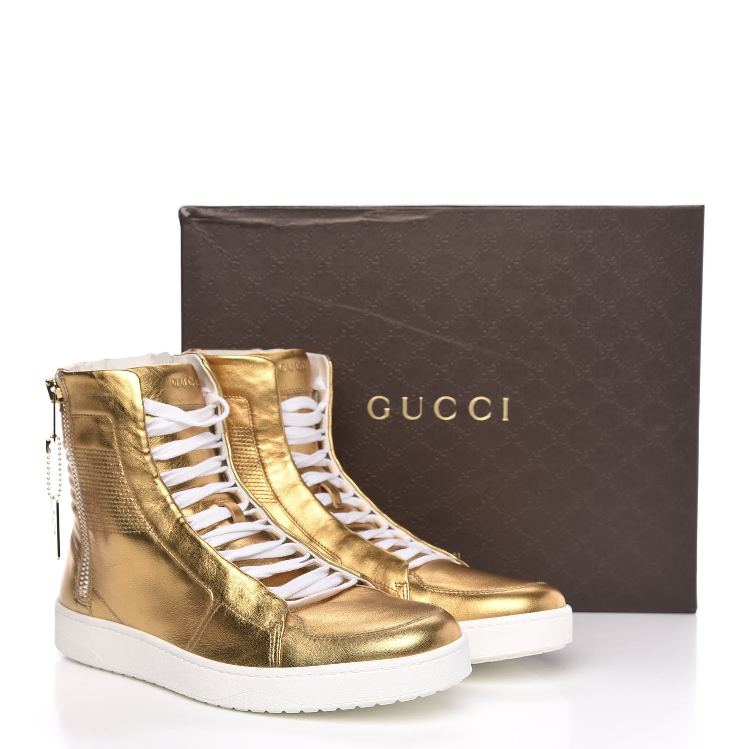 Gucci Metallic Nappa Silk Mens Dog Tag High Top Sneakers 10.5 Oro 9 of 9