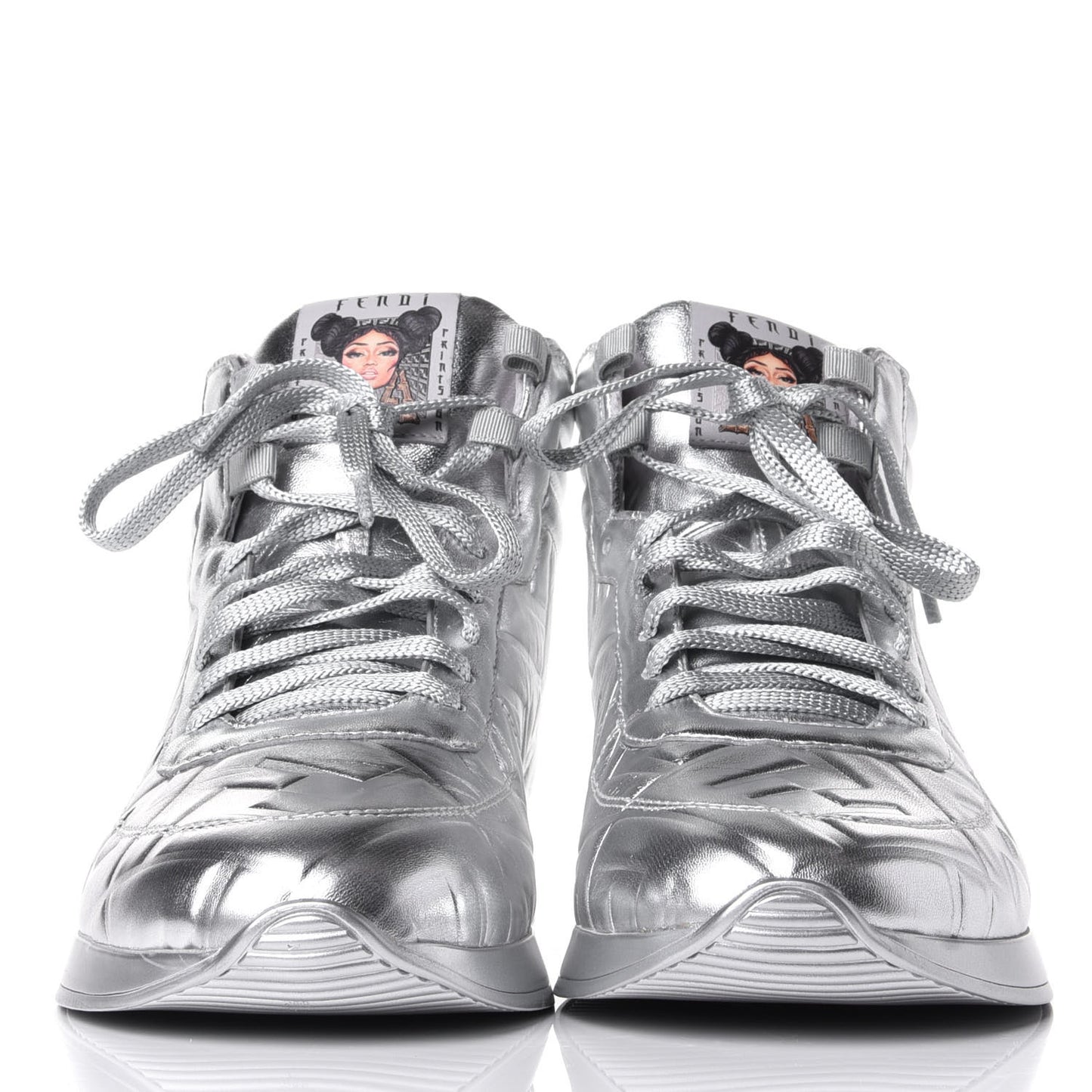 X NICKI MINAJ Metallic Nappa Macro FF Embossed Prints On High Top Sneakers 39 Silver