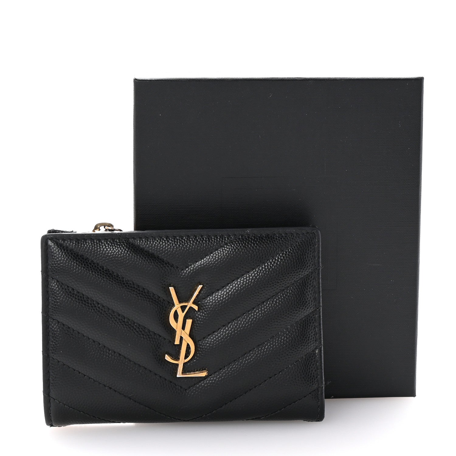 Saint Laurent Grain De Poudre Matelasse Chevron Monogram Zipped Two-Part Wallet Black 7 of 7