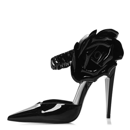 Saint Laurent Patent Freja 105 Flower Ankle Pumps 37.5 Black 1 of 9