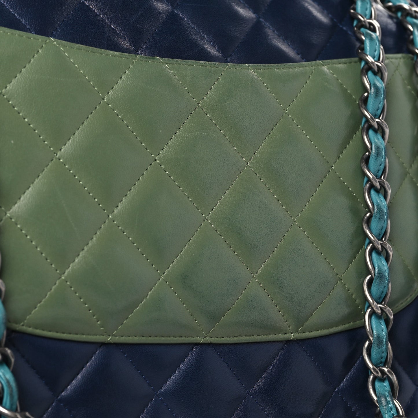 Lambskin Quilted Tri-Color Jumbo Double Flap Navy Blue Green