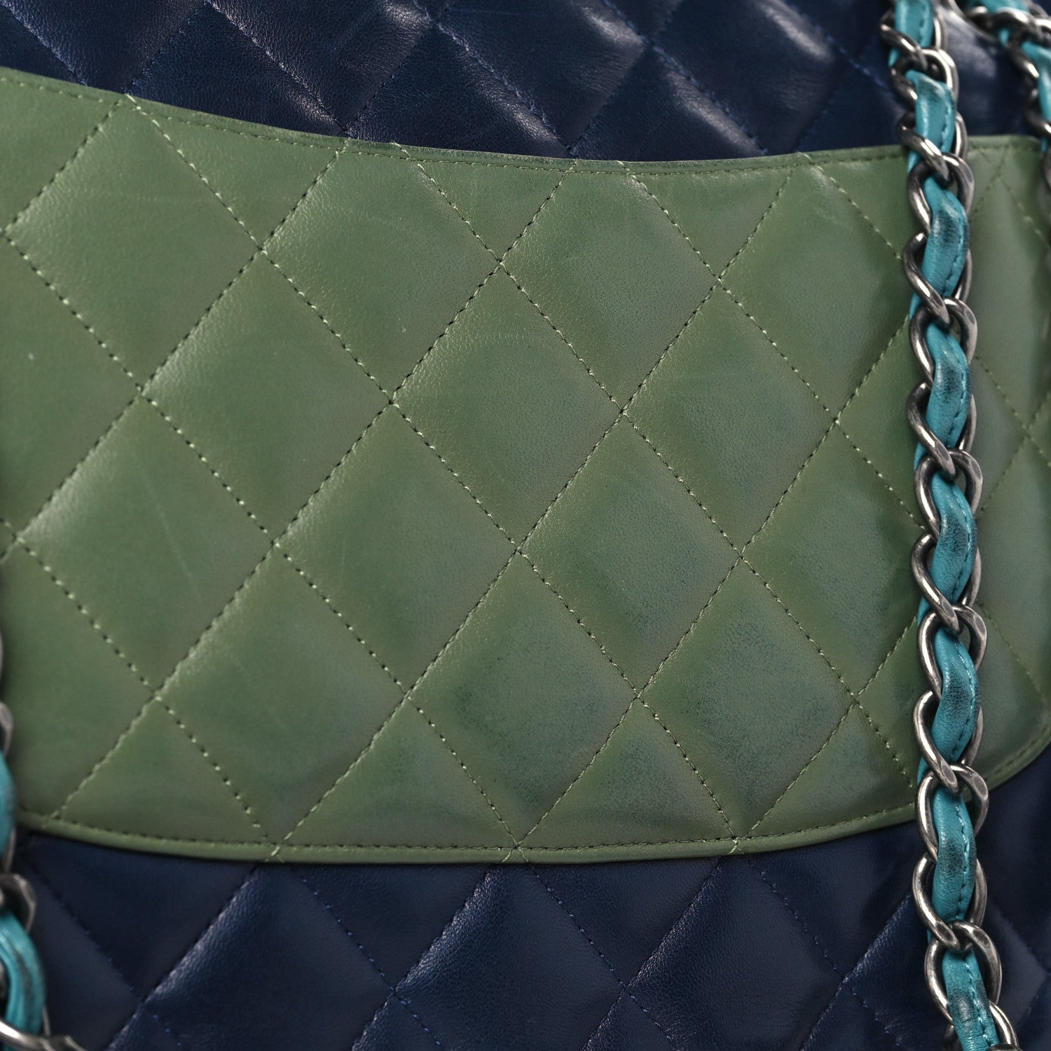 Chanel Lambskin Quilted Tri-Color Jumbo Double Flap Navy Blue Green 4 of 13