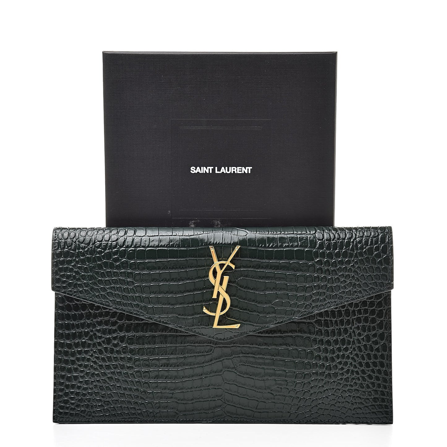 Calfskin Crocodile Embossed Uptown Monogram Clutch Dark Green