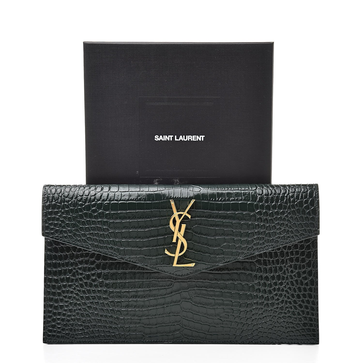 Saint Laurent Calfskin Crocodile Embossed Uptown Monogram Clutch Dark Green 8 of 8