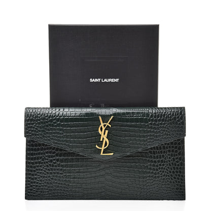 Saint Laurent Calfskin Crocodile Embossed Uptown Monogram Clutch Dark Green 8 of 8