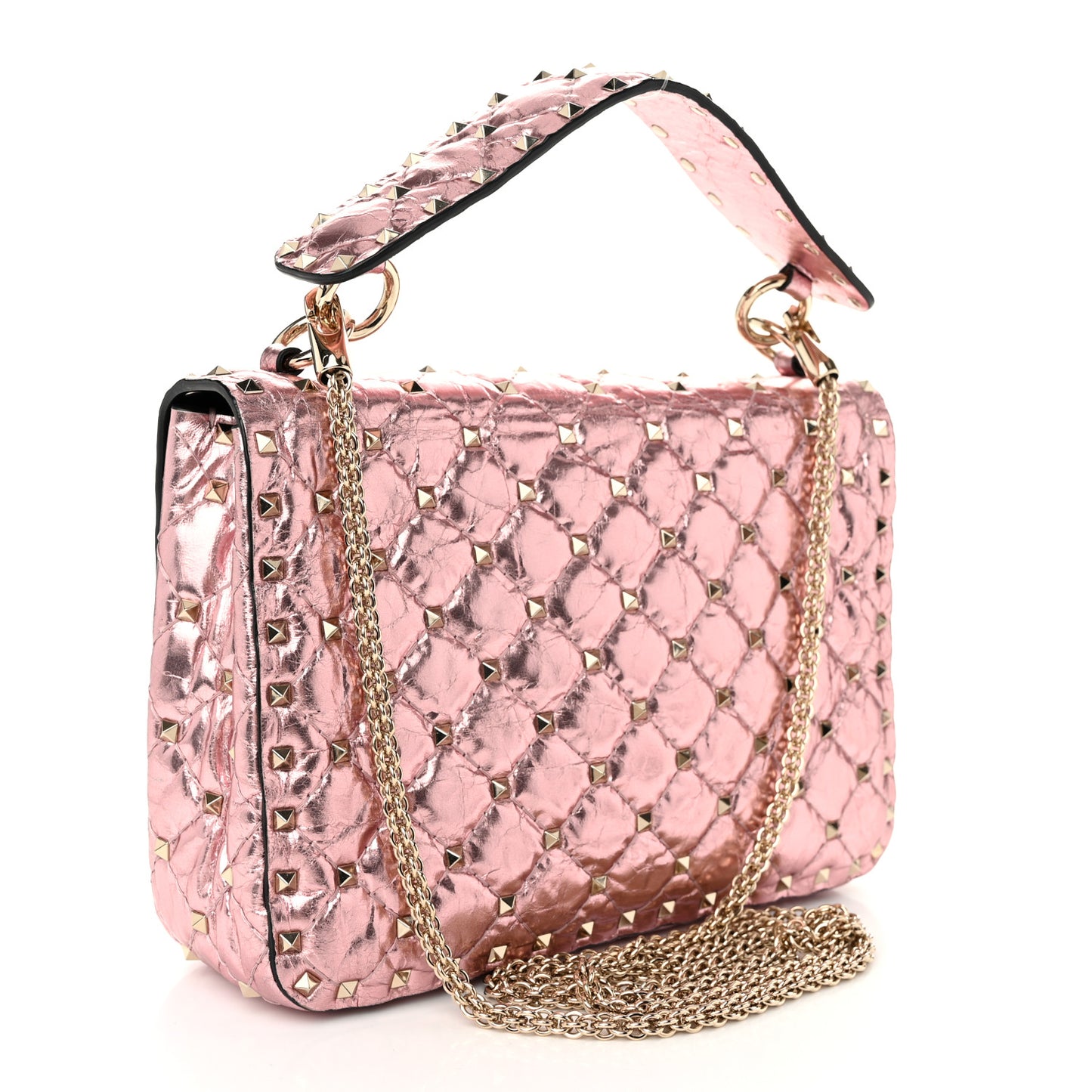 Metallic Wrinkled Lambskin Medium Rockstud Spike Shoulder Bag Lipstick