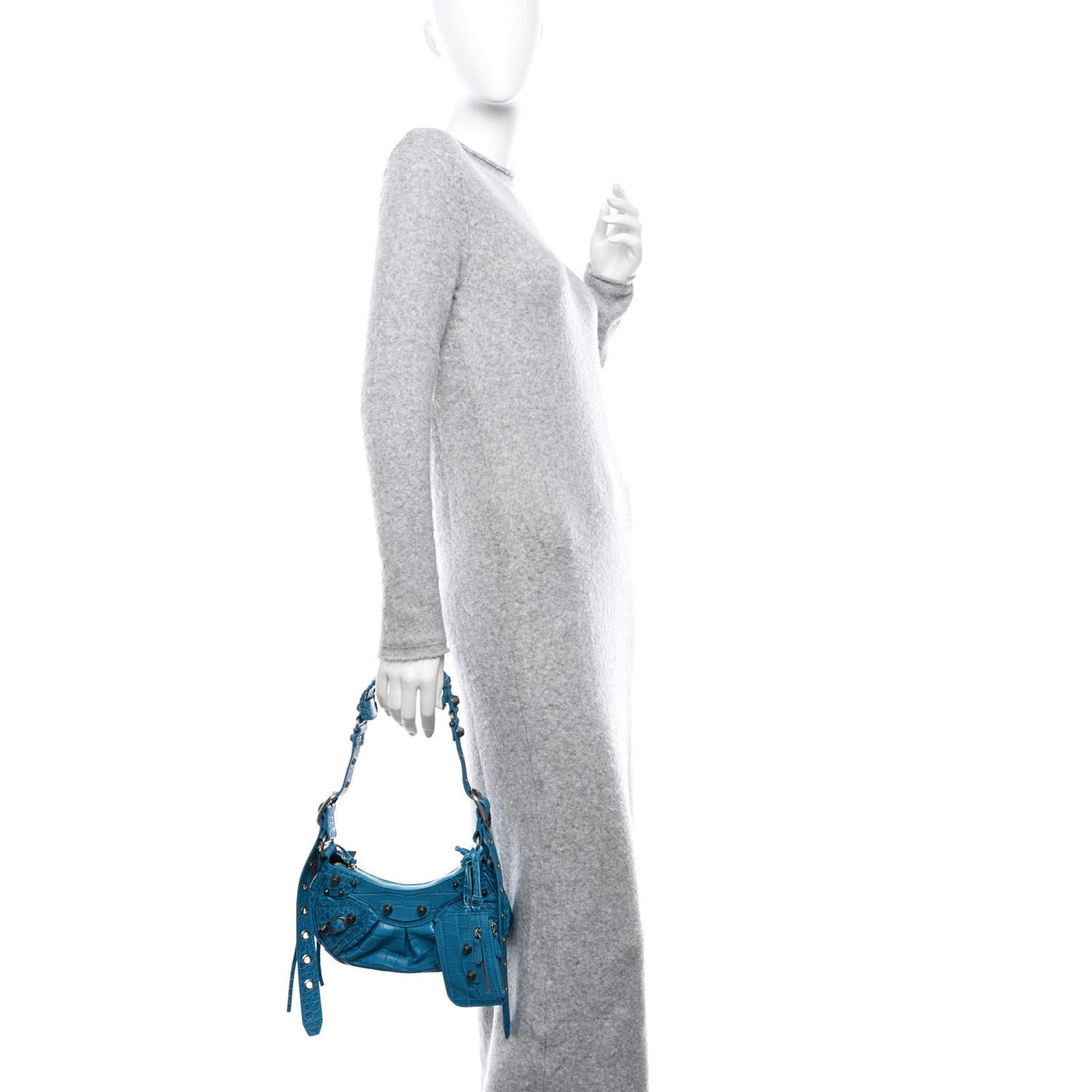 Extra Supple Calfskin Crocodile Embossed Le Cagole Shoulder Bag XS Cyan