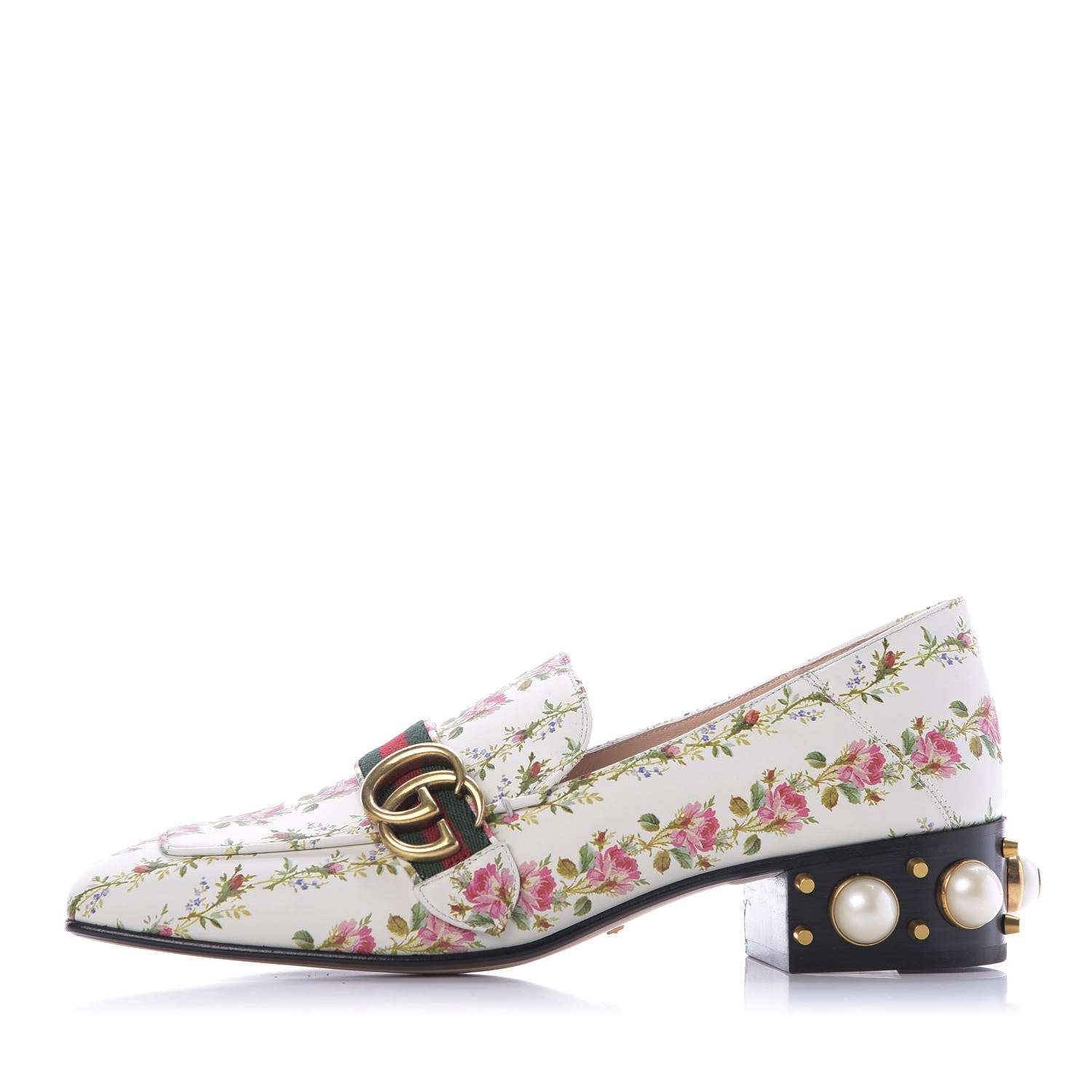 Gucci Calfskin Web Pearl Floral Embellished Peyton Loafer 40 White Multicolor 1 of 11