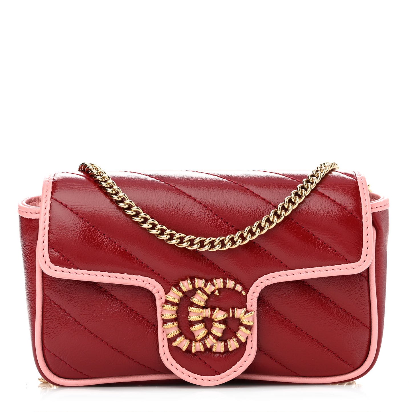 Azalea Calfskin Enamel Matelasse Diagonal Super Mini Torchon GG Marmont Shoulder Bag New Cherry Red Wild Rose